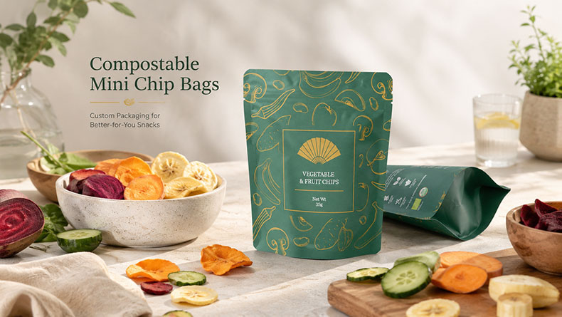 Custom compostable mini chip bags for organic snack brands أكياس رقائق صغيرة قابلة للتحلل حسب الطلب لماركات الوجبات الخفيفة العضوية