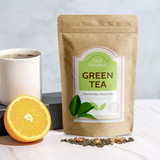 بولساس دوباك يقف فوق أكياس شاي قفل القفل القابلة للسماد لأوراق الشاي الفضفاضة