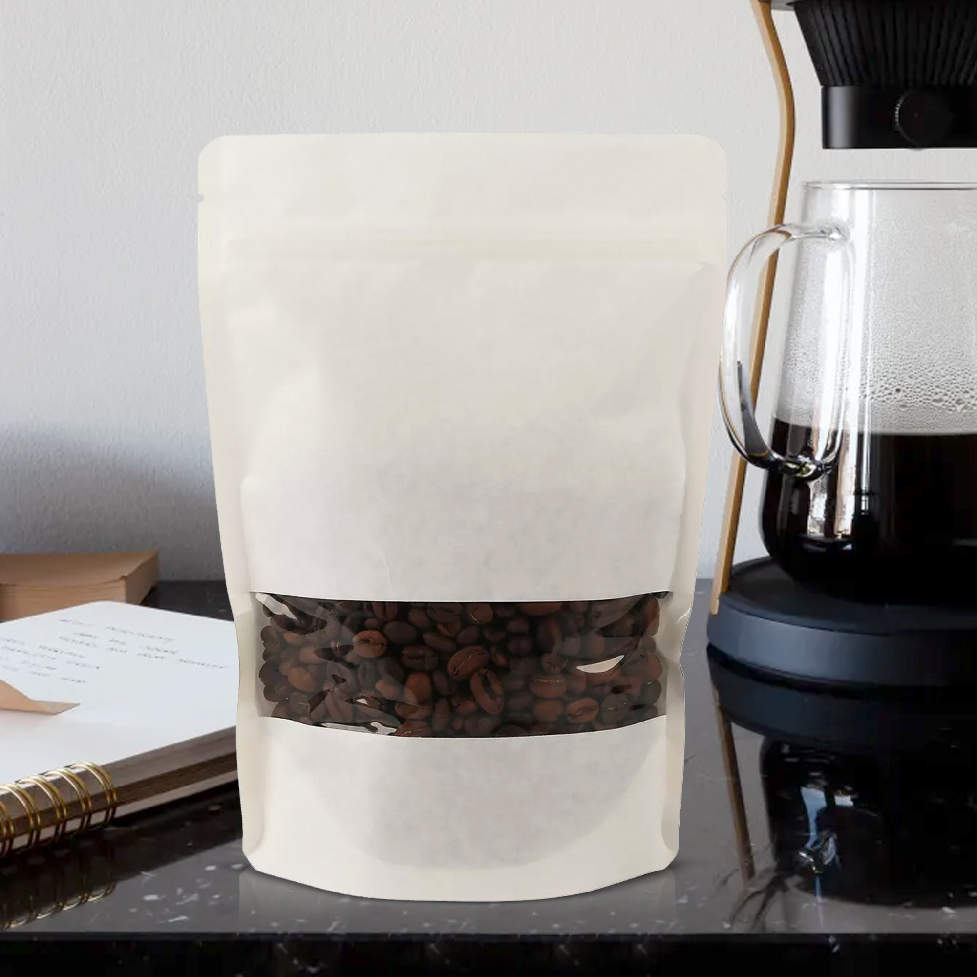 غذاء الصف Eco Compostable Compostable White Kraft Paper Day Up Bag Coffee Bag مع نافذة